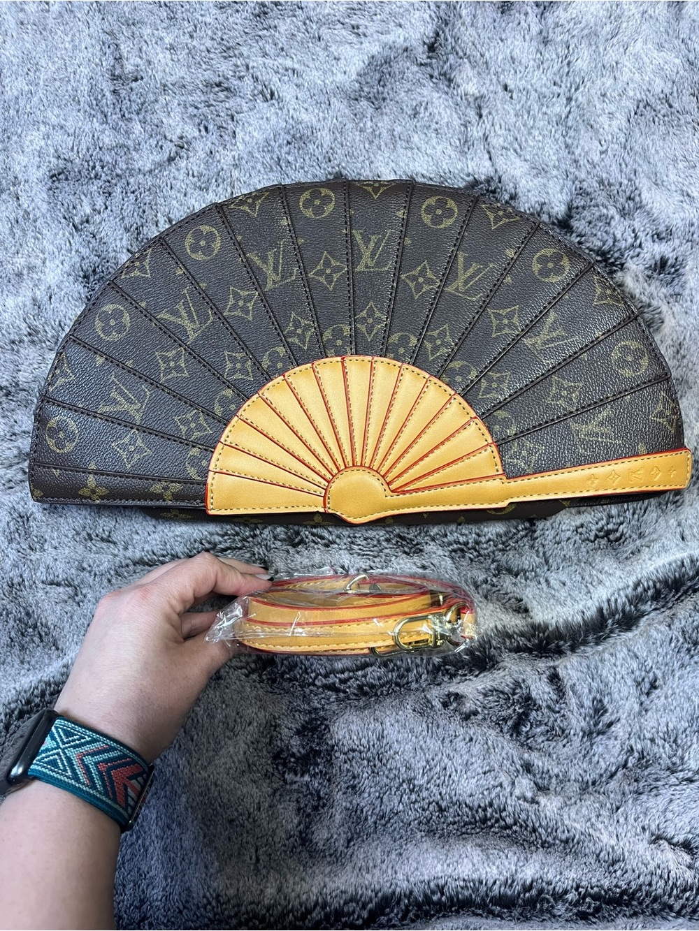 Source Unknown Brown Monogram Fan Shoulder Bag with Yellow Accent